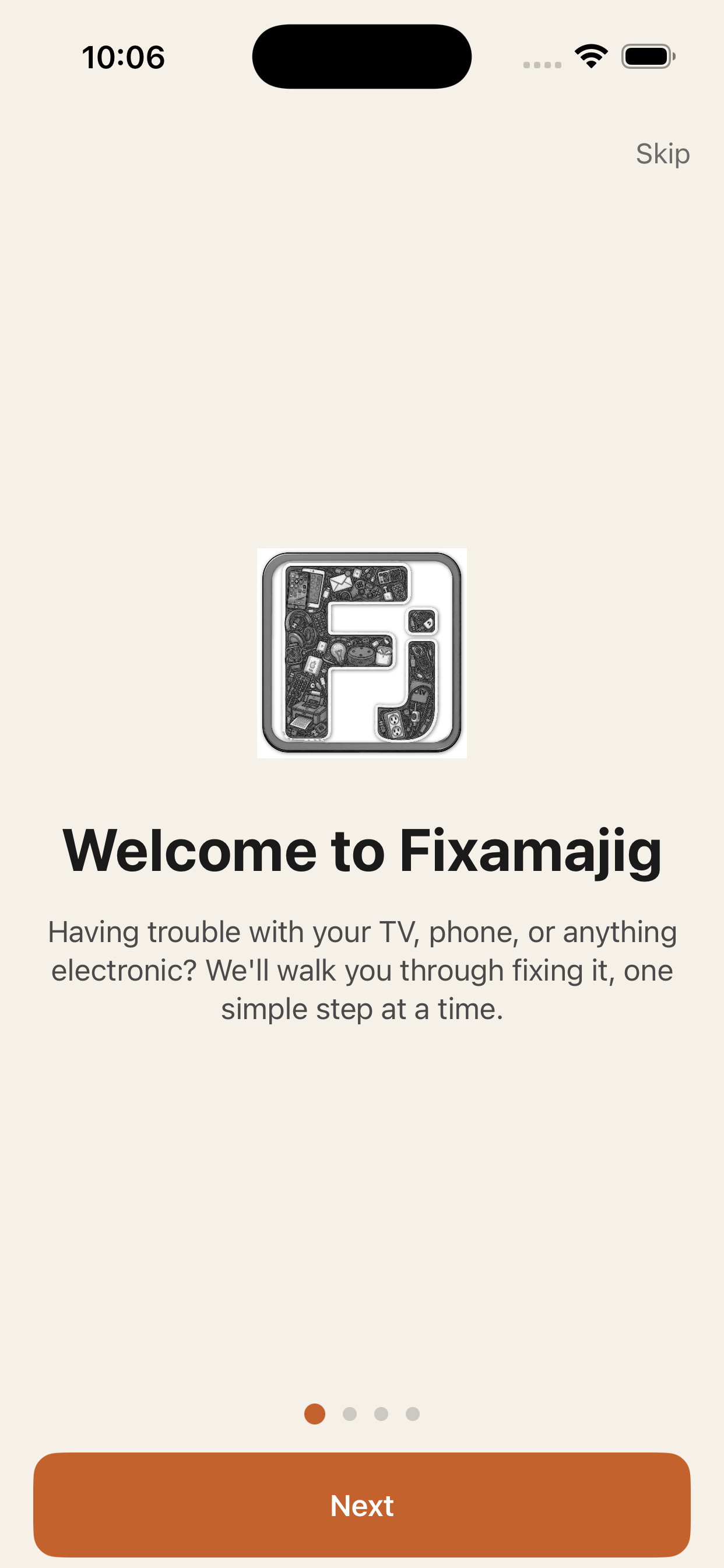 Fixamajig welcome screen